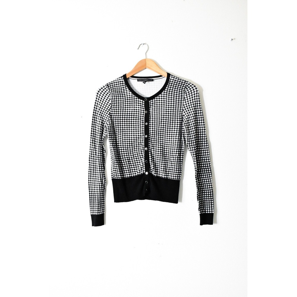 White House Black Market Cardigan Womens S Black White Gingham Button Front Knit - Picture 1 of 6
